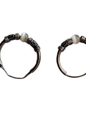 925 Sterling Silver Hoop Bali Earrings Filigree Design w Chalcedony Type Stone